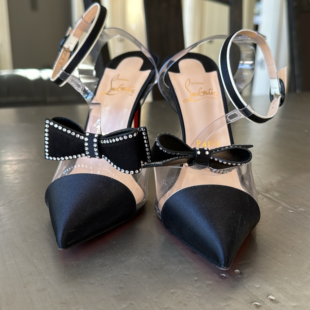 Christian Louboutin naked bow black satin crystal 100mm stiletto sz 38.5 - Picture 4 of 14